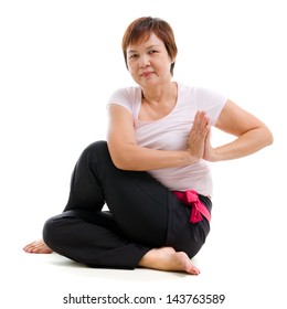 Asian Senior Woman Practicing Yoga, Isolated On White Background.