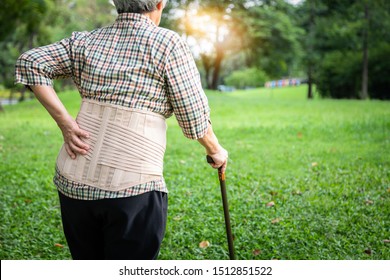 Asian Senior Woman Wearing Back Support Belt For Protect Her Back Pain,muscle Injury,elderly People Hand Touching On The Waist While Walking In Outdoor Nature At Park,backache,suffering From Hip Pain 