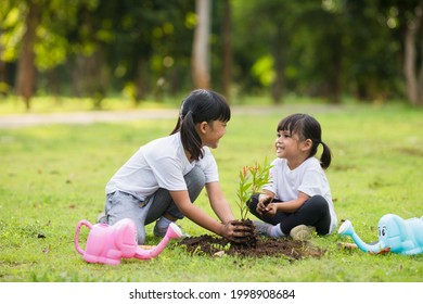 Asian Sibling Planting Young Tree On Black Soil Together As Save World In Garden On Summer Day. Planting Tree. Childchood And Outdoor Leisure Concept.