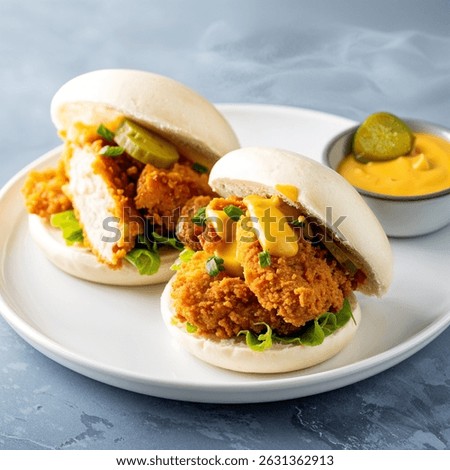 ASIAN SLIDERS CHICKEN OR SOFT SHELL CRAB, Bao Bun, Curry Aioli, Pickles
