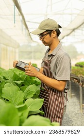 Asian smart farmer holding tablet while checking vegetable in the organic farm. Agricultural entrepreneur who started a vegan farming business. - Shutterstock ID 2368579829