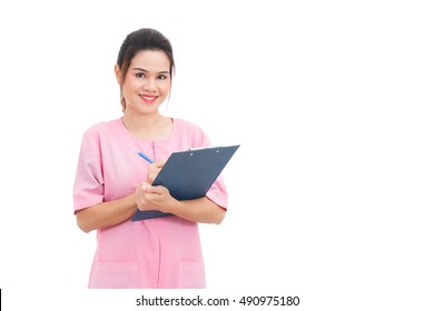 Asian Smiling Nurse Holding Clipboard Isolated On White Background