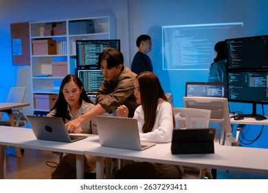 Asian software engineer or programmer team working late in development office,problem solving or algorithm of ai assistant helping for work.software developer,digital technology security concept