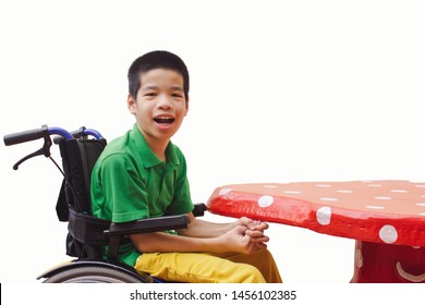 Asian Special Child On Wheelchair Smile Happily, On The White Background, Life In The Education Age Children, Positive Thinking Life 
And Happy Disabled Kid Concept.