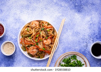 Asian Spicy Wok With Noodles, Shrimps And Vegetables