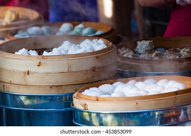 Asian Street Food. Steamed Buns And Meat On Vendor Stall During Sydney Night Noodle Market Festival. Selective Focus, Shallow DOF