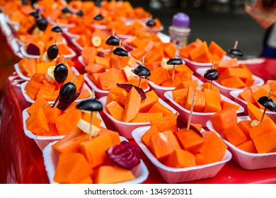 Asian Street Lots Of Mix Fruit Chaat Stall In Market Plate Full Of Fresh Healthy Orange Papaya - Image