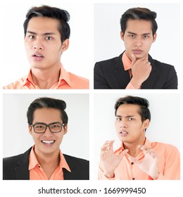 Asian Student Guy Portrait Set With Different Facial Expressions. Serious, Happy, Scared Man Studio Shot Collage. Multiscreen Montage, Split Screen Collage. Emotions Concept