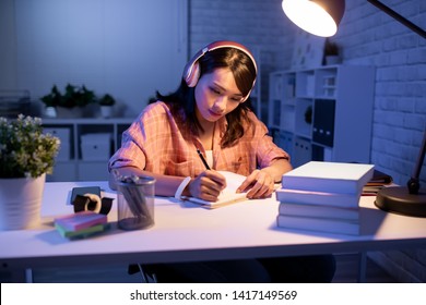 Asian Student Study Hard In The Evening