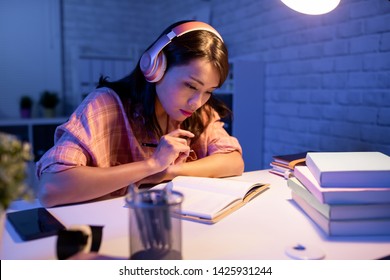 Asian Student Study Hard In The Evening