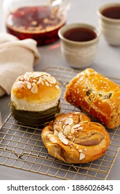 Asian Style Bakery Pastry Treats, Sweet And Savory, Served With Tea