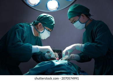 Asian Surgical Team Performing Surgery In The Hospital Operating Room