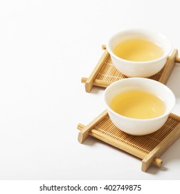 Asian tea set on bamboo mat,Closeup.