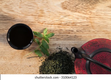 Asian Tea Set On Wooden Table