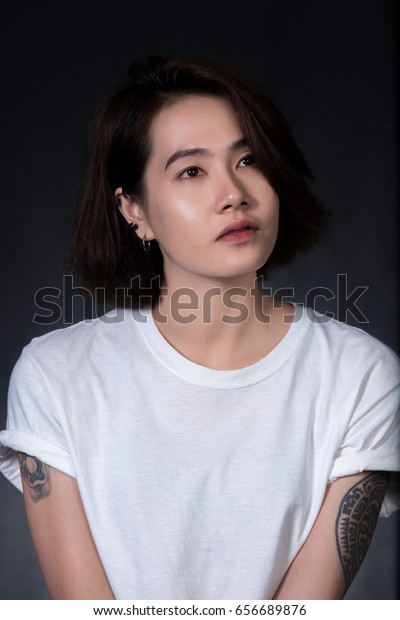 Asian Teenage Girl Short Hair Wearing People Beauty Fashion