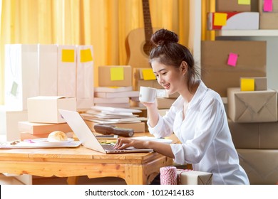 Asian Teenager Owner Business Woman Work At Home For Online Shopping And Sale.