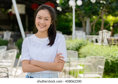 Asian Teenager Woman Smiling Outdoors