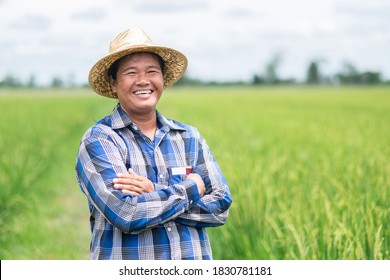 Asian Thai Farmer Woman Wear A Blue Shirt Smile And Cross Hands At The Green Farm