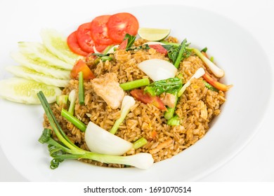 Asian Thai Fried Rice Sliced Pork With Tomato Kale Spring Onion Onion Decorate With Sliced Cucmber And Lime