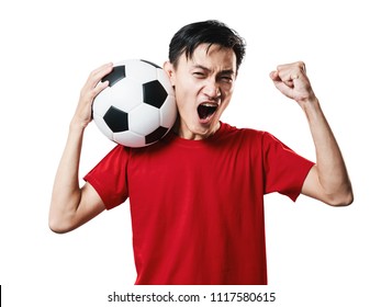 Asian Thai People Soccer Fan Football In Red Sleeve Shirt Isolated On White Background High Contrast.