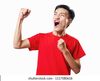 Asian Thai People Soccer Fan Football In Red Sleeve Shirt Isolated On White Background High Contrast.