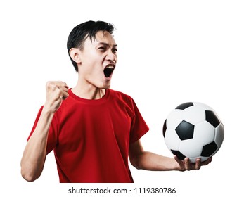 Asian Thai People Soccer Fan Football In Red Sleeve Shirt Isolated On White Background High Contrast.