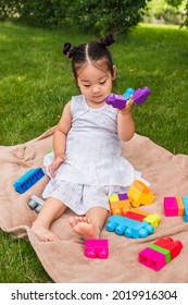 Asian Toddler Child In Dress Playing Building Blocks On Picnic Blanket In Park