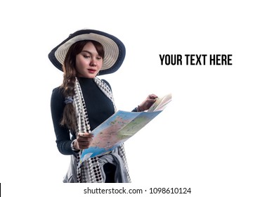 Asian Tourist Woman With Trendy Look Holding Map And Passport While Traveling. Studio Photo Shoot. Travel Concept. Isolated Background