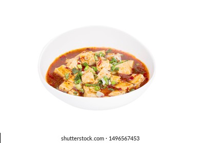 Asian traditional food Mapo doufu consists of tofu set in spicy sauce, typically a thin, oily, and bright red suspension, based on douban and douchi along with minced beef meat.