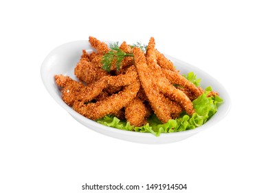 Asian Traditional Food Sesame Covered Chicken Fingers With Herbs In Bowl Plate Isolated On White Background.