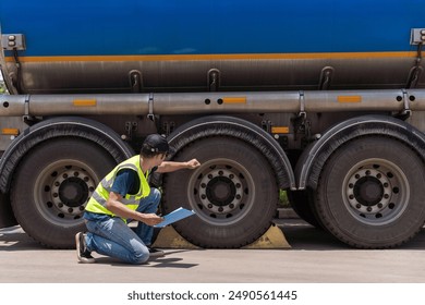 Asian truck drivers diligently inspecting the tires and wheels of their trucks for safety, ensuring secure and reliable journeys on the road. - Powered by Shutterstock