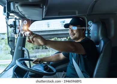 Asian Truck Drivers Locate Their Position On  Digital Map, Realistically Displayed On Touch Screen. Concept Navigation Technology, Face Detection, Driver Eye Scan For Safe Transportation And Delivery