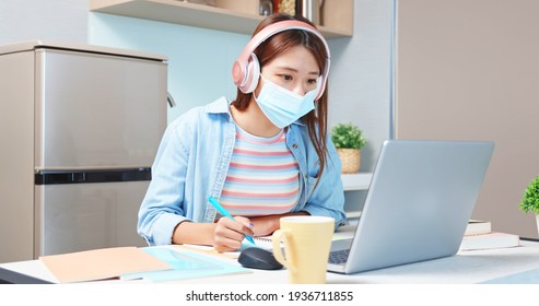 Asian University Female Student Wearing Face Mask Is Learning And Looking Online Course Through Laptop At Home