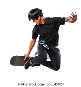 Asian Urban Man Jumping With Skate