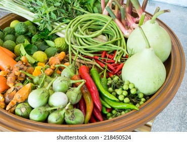 Asian Vegetables On Wooden Plate In Local Market