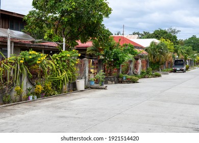 Asian Village Street View With Modern Houses And Green Plants. Tropical Island Native Village View With No People. Philippines Architectural Style. Apartment Rent Or Lease Concept Banner Template