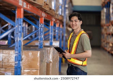 Asian warehouse worker inspect box of products on warehouse shelves - Powered by Shutterstock