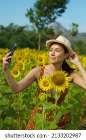 Asian Woman 40s LGBT Transgender Express Feeling Happy Smile Mobile Selfie Under Sunshine Sunflower Yellow Flower Field Over Blue Sky Mountain. Female Poses For Fashion Shooting In Outdoors Landscape