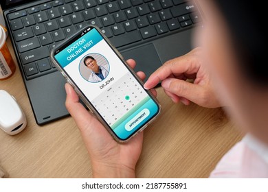 Asian Woman Appointment Consulting Doctor Visit On Mobile App At Home.telemedicine