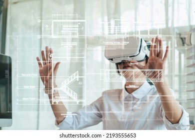 Asian woman Architect or Engineer wearing VR headset for hologram blueprint detail working with BIM technology. Concept futuristic construction design. Selective focus. - Powered by Shutterstock
