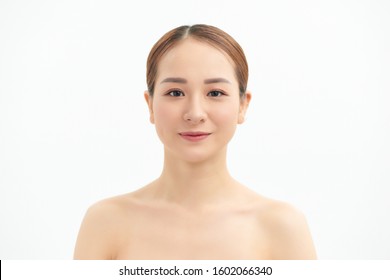 Asian woman beauty face healthy skin white background with natural makeup. Spa concept.