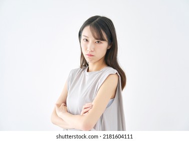 Asian Woman Being Angry  In White Background