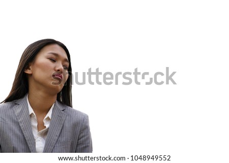 An Asian woman boring facial expression isolated on white background in business suit as working woman on up set concept or unemployed