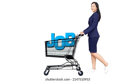 asian woman business suite with job text in shopping cart for job searching on white isolated background for applying job on job fair for first jobber concept