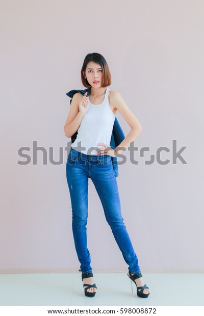 Asian Woman Casual Outfits Standing Jeans Stock Photo Edit Now