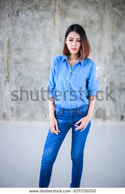 Asian Woman Casual Outfits Standing Jeans Stock Photo Edit Now