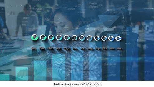 Asian woman and Caucasian colleagues working on computers in office. Digital charts and graphs overlay scene, indicating ongoing data analysis and collaboration - Powered by Shutterstock