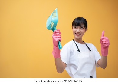 Asian Woman cleaning cat litter tray at home, closeup,care 
poop scoop. smell good happy girl  breeder.woman who owns a pet, has a good mood, is happy to have a cat.