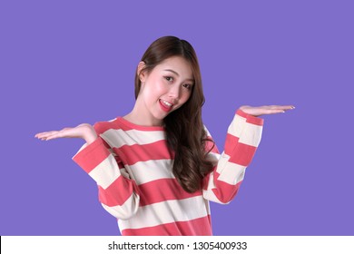 Asian Woman Compare Best Products, Long Sleeves T-shirt, Purple Background