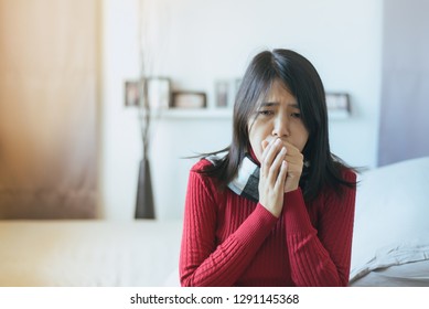 Asian Woman Coughing With Sore Throat,Female Suffering With Cough A Lot In Bedroom,Clear Your Throat,Chronic Cough